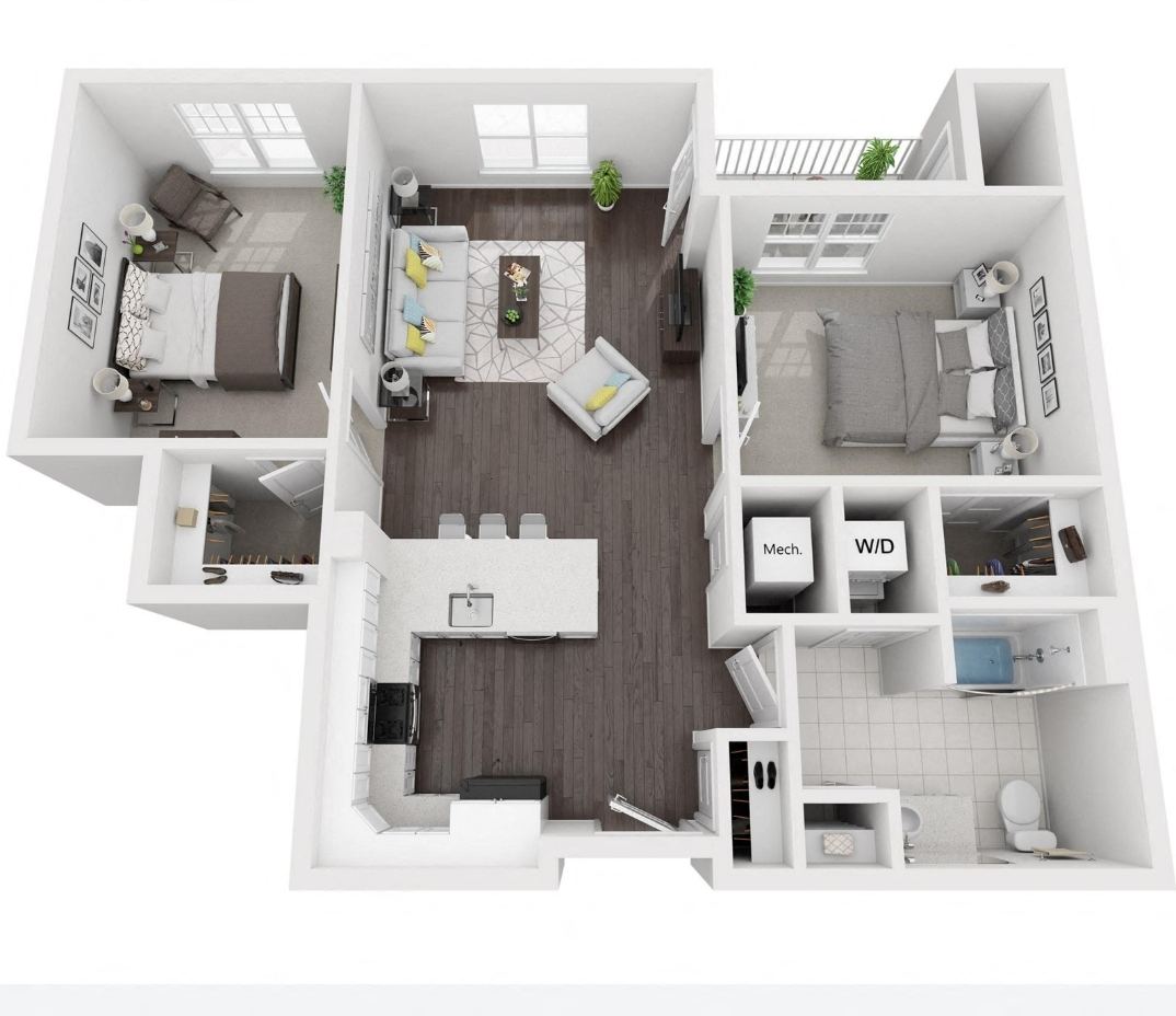 Floor plan for 2 beds, 1 bath, 940 sqft